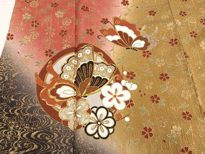 平和屋着物●豪華振袖　駒刺繍　ふくれ織　花蝶文　暈し染め　金銀彩　正絹　逸品　AABH4072ph