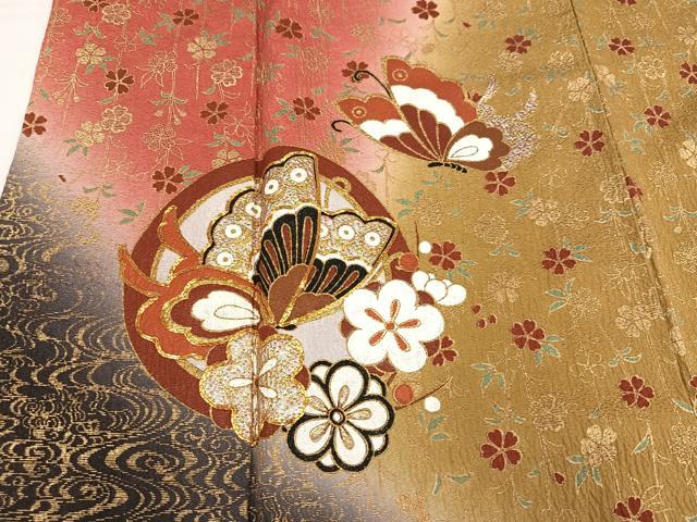 平和屋着物●豪華振袖　駒刺繍　ふくれ織　花蝶文　暈し染め　金銀彩　正絹　逸品　AABH4072ph