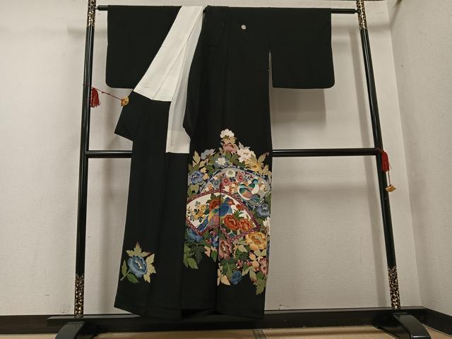 平和屋着物●本加賀友禅作家　西川健一　黒留袖　地紙花鳥文　正絹　逸品　AABH4080ph