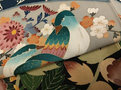 平和屋着物●本加賀友禅作家　西川健一　黒留袖　地紙花鳥文　正絹　逸品　AABH4080ph