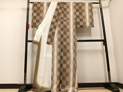 平和屋着物●上質な小紋　市松文　暈し染め　正絹　逸品　AABH4095ph