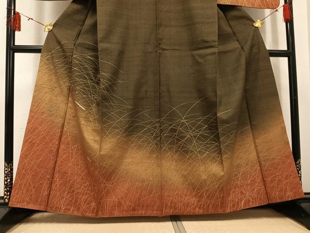 平和屋着物●訪問着　作家物　紬地　刺繍　楽器舞扇笹文　暈し染め　金彩　正絹　逸品　AABH4103ph