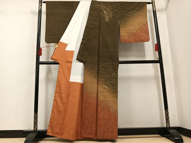 平和屋着物●訪問着　作家物　紬地　刺繍　楽器舞扇笹文　暈し染め　金彩　正絹　逸品　AABH4103ph 平和屋着物○訪問着 作家物 紬地 刺繍 楽器舞扇笹文 暈