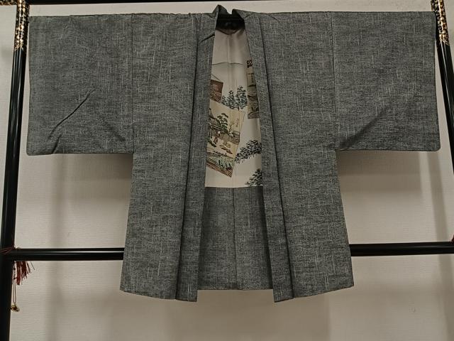平和屋着物●男性　紬　アンサンブル　色無地　灰色　正絹　逸品　AABH4109ph