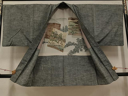 平和屋着物●男性　紬　アンサンブル　色無地　灰色　正絹　逸品　AABH4109ph