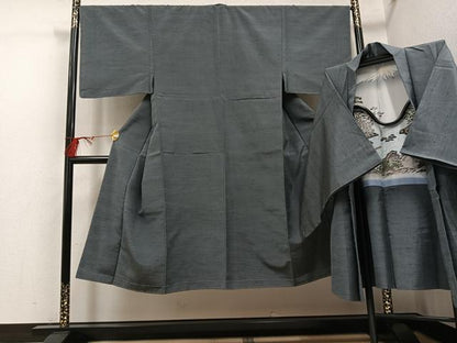平和屋着物●男性　紬　アンサンブル　色無地　墨色　正絹　逸品　未使用　AABH4110ph