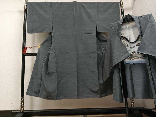 平和屋着物●男性　紬　アンサンブル　色無地　墨色　正絹　逸品　未使用　AABH4110ph