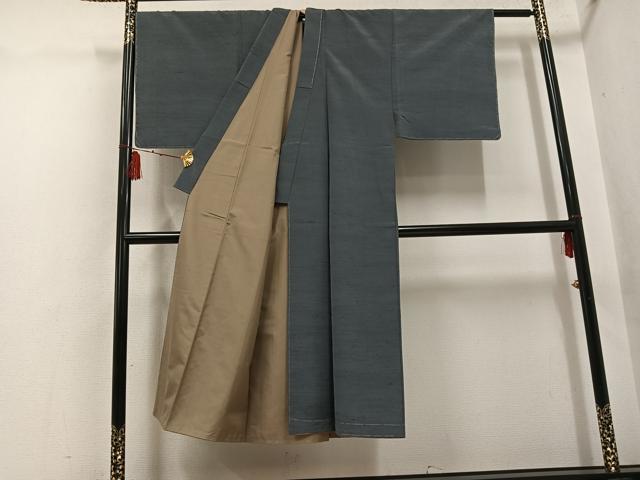 平和屋着物●男性　紬　アンサンブル　色無地　墨色　正絹　逸品　未使用　AABH4110ph