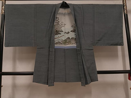 平和屋着物●男性　紬　アンサンブル　色無地　墨色　正絹　逸品　未使用　AABH4110ph