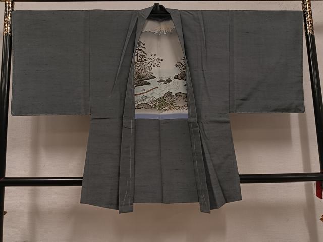 平和屋着物●男性　紬　アンサンブル　色無地　墨色　正絹　逸品　未使用　AABH4110ph