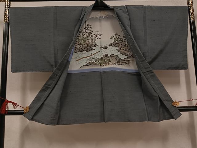 平和屋着物●男性　紬　アンサンブル　色無地　墨色　正絹　逸品　未使用　AABH4110ph