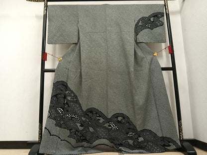 平和屋着物●訪問着　絞り　立波花文　黒地　正絹　逸品　AABH4114ph
