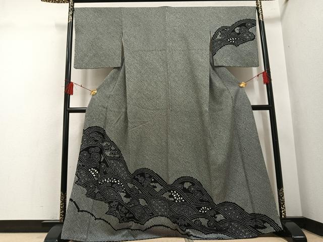 平和屋着物●訪問着　絞り　立波花文　黒地　正絹　逸品　AABH4114ph