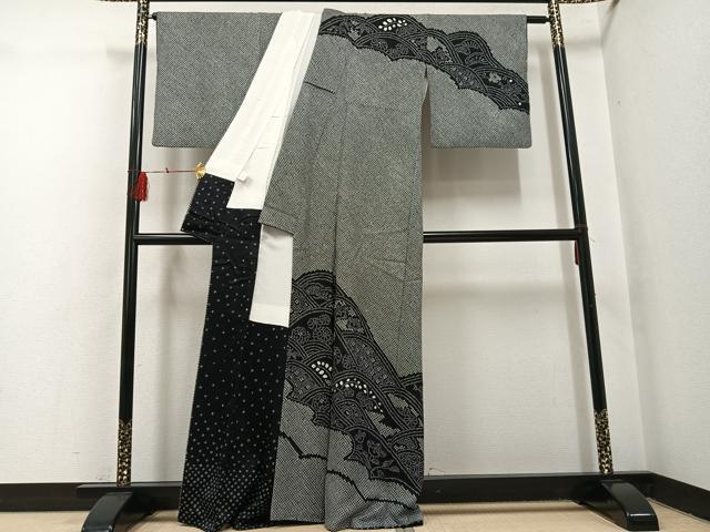 平和屋着物●訪問着　絞り　立波花文　黒地　正絹　逸品　AABH4114ph