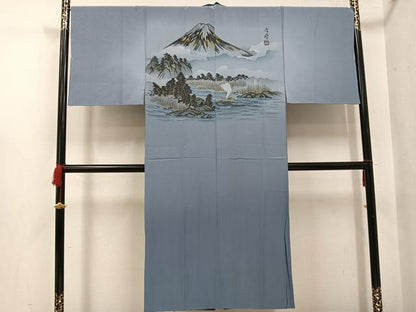 平和屋着物●男性　長襦袢　袷　作家物　手描き　富士山　樹林　暈し染め　金彩　正絹　逸品　未使用　AABH4116ph