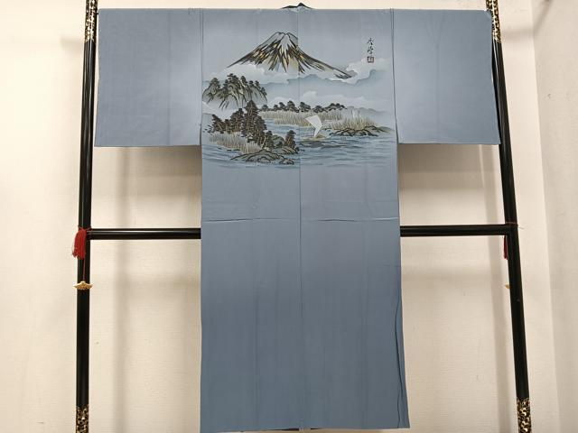 平和屋着物●男性　長襦袢　袷　作家物　手描き　富士山　樹林　暈し染め　金彩　正絹　逸品　未使用　AABH4116ph