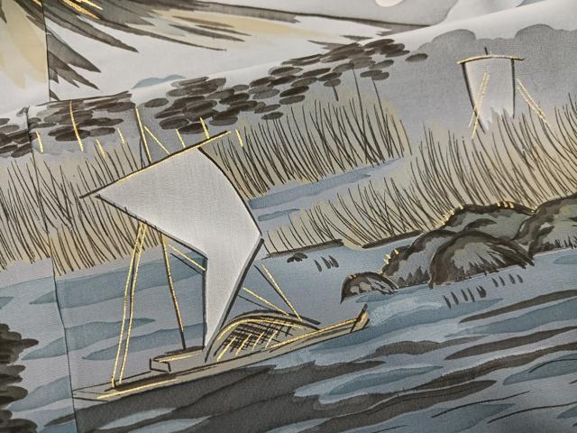 平和屋着物●男性　長襦袢　袷　作家物　手描き　富士山　樹林　暈し染め　金彩　正絹　逸品　未使用　AABH4116ph