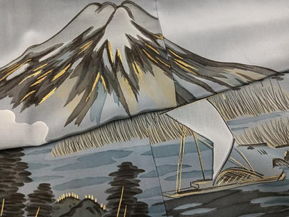 平和屋着物●男性　長襦袢　袷　作家物　手描き　富士山　樹林　暈し染め　金彩　正絹　逸品　未使用　AABH4116ph