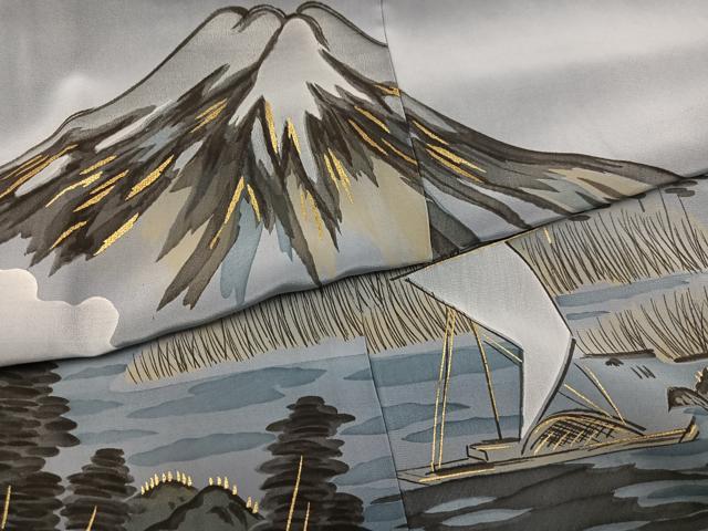 平和屋着物●男性　長襦袢　袷　作家物　手描き　富士山　樹林　暈し染め　金彩　正絹　逸品　未使用　AABH4116ph
