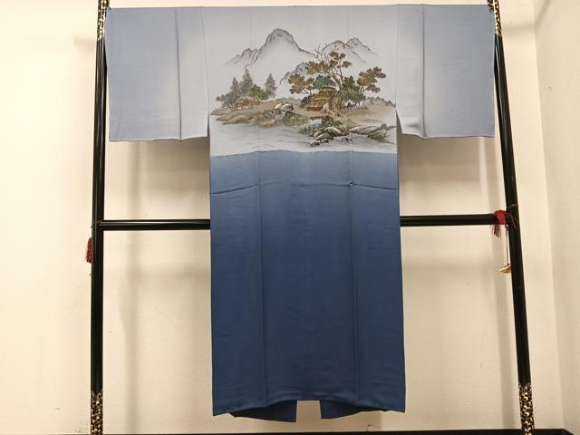 平和屋着物●男性　長襦袢　袷　手描き　風景樹林文　金彩　正絹　逸品　未使用　AABH4118ph