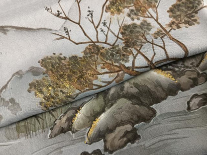 平和屋着物●男性　長襦袢　袷　手描き　風景樹林文　金彩　正絹　逸品　未使用　AABH4118ph