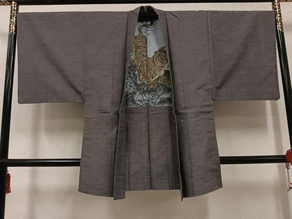平和屋着物●男性　紬　アンサンブル　色無地　江戸鼠色　正絹　逸品　AABH4120ph