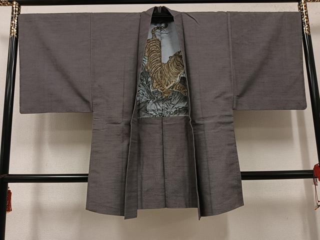 平和屋着物●男性　紬　アンサンブル　色無地　江戸鼠色　正絹　逸品　AABH4120ph
