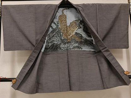 平和屋着物●男性　紬　アンサンブル　色無地　江戸鼠色　正絹　逸品　AABH4120ph