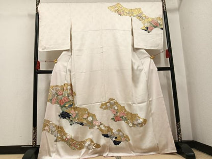 平和屋着物●訪問着　友禅　刺繍　花鳥文　金彩　正絹　逸品　未使用　AABH4131ph
