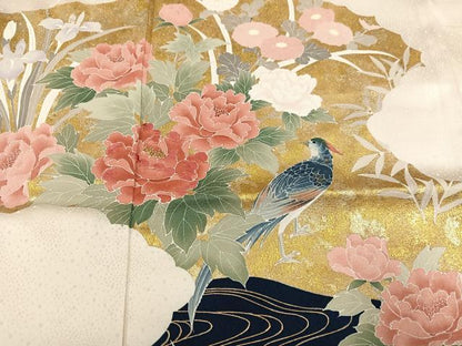 平和屋着物●訪問着　友禅　刺繍　花鳥文　金彩　正絹　逸品　未使用　AABH4131ph