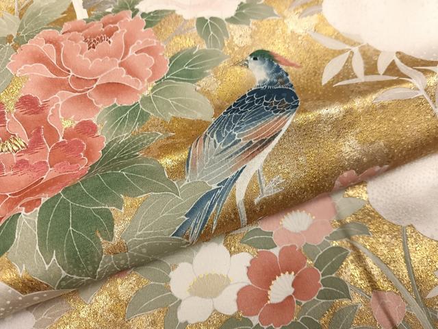 平和屋着物●訪問着　友禅　刺繍　花鳥文　金彩　正絹　逸品　未使用　AABH4131ph