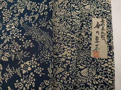 平和屋着物●阿波藍染　阿波友禅　徳島県無形文化財保持者　香川卓美　訪問着　型染め　花鳥文　鬼しぼ縮緬　正絹　逸品　AABH4139ph