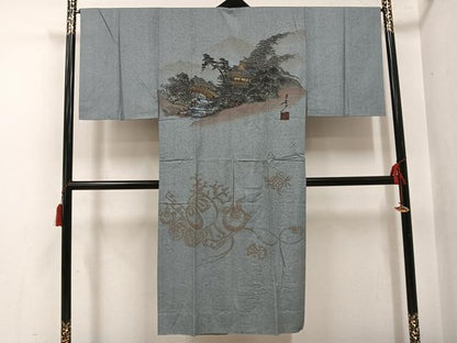 平和屋着物●男性　長襦袢　無双仕立て　作家物　手描き　風景文　金彩　正絹　逸品　AABH4147ph