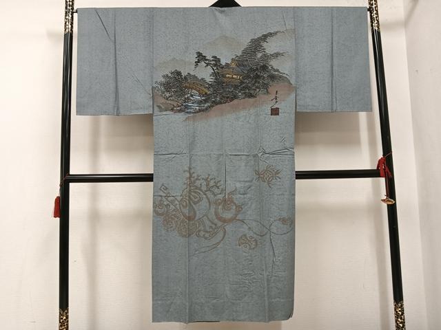 平和屋着物●男性　長襦袢　無双仕立て　作家物　手描き　風景文　金彩　正絹　逸品　AABH4147ph