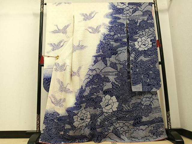 平和屋着物●豪華振袖　絞り　群れ鶴草花文　正絹　逸品　AABH4161ph