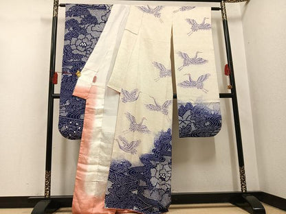 平和屋着物●豪華振袖　絞り　群れ鶴草花文　正絹　逸品　AABH4161ph