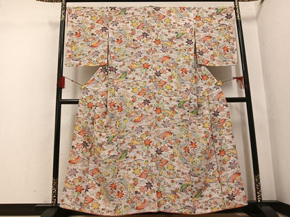 平和屋着物●上質な小紋　型染め　扇面草花文　正絹　逸品　AABH4163ph