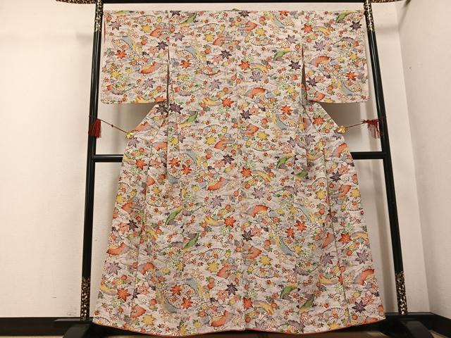 平和屋着物●上質な小紋　型染め　扇面草花文　正絹　逸品　AABH4163ph