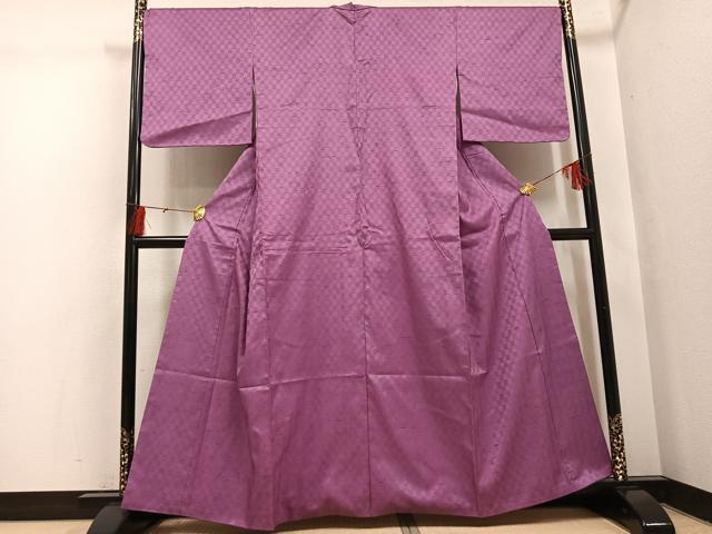 平和屋着物●上質な紬　綾織　市松地紋　色無地　京紫色　正絹　逸品　AABH4171ph
