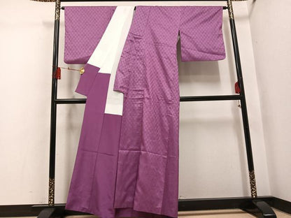 平和屋着物●上質な紬　綾織　市松地紋　色無地　京紫色　正絹　逸品　AABH4171ph