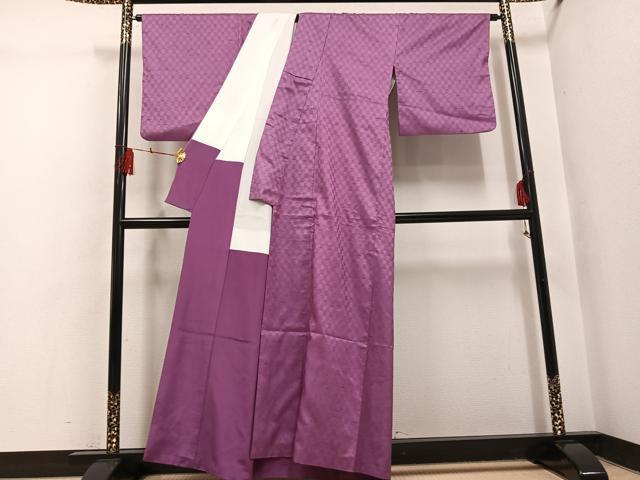 平和屋着物●上質な紬　綾織　市松地紋　色無地　京紫色　正絹　逸品　AABH4171ph