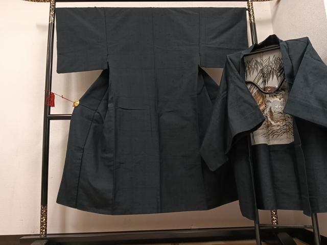 平和屋着物●男性　紬　アンサンブル　色無地　百入茶色　正絹　逸品　AABH4172ph