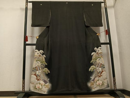 平和屋着物●アンティーク　大正ロマン　黒留袖　浜松花車文　暈し染め　金彩　正絹　逸品　AABH4178ph