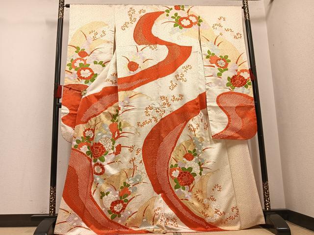 平和屋着物●豪華振袖　駒刺繍　絞り　草花文　金彩　正絹　逸品　AABH4180ph