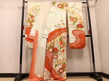 平和屋着物●豪華振袖　駒刺繍　絞り　草花文　金彩　正絹　逸品　AABH4180ph