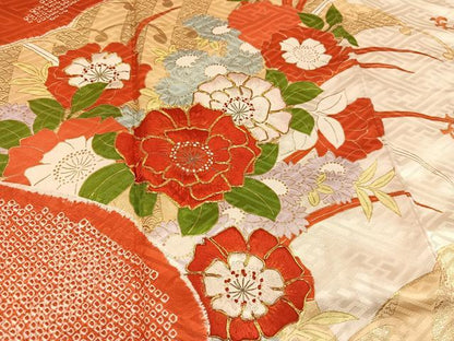 平和屋着物●豪華振袖　駒刺繍　絞り　草花文　金彩　正絹　逸品　AABH4180ph