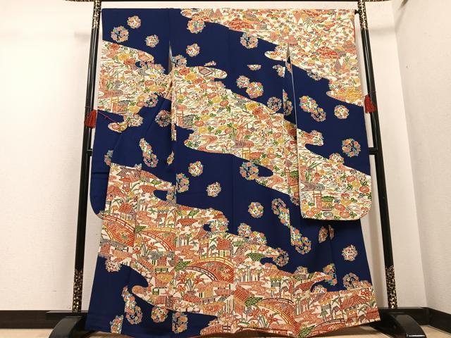 平和屋着物●豪華振袖　型染め　風景草花文　鬼しぼ縮緬　正絹　逸品　AABH4192ph