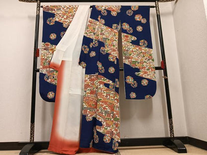 平和屋着物●豪華振袖　型染め　風景草花文　鬼しぼ縮緬　正絹　逸品　AABH4192ph