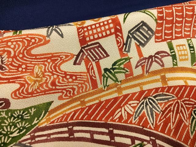 平和屋着物●豪華振袖　型染め　風景草花文　鬼しぼ縮緬　正絹　逸品　AABH4192ph 平和屋着物○豪華振袖 型染め 風景草花文 鬼しぼ縮緬 正絹 逸品