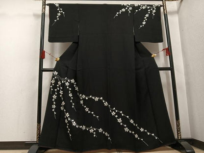 平和屋着物●訪問着　絞り　枝花文　黒地　正絹　逸品　AABH4198ph